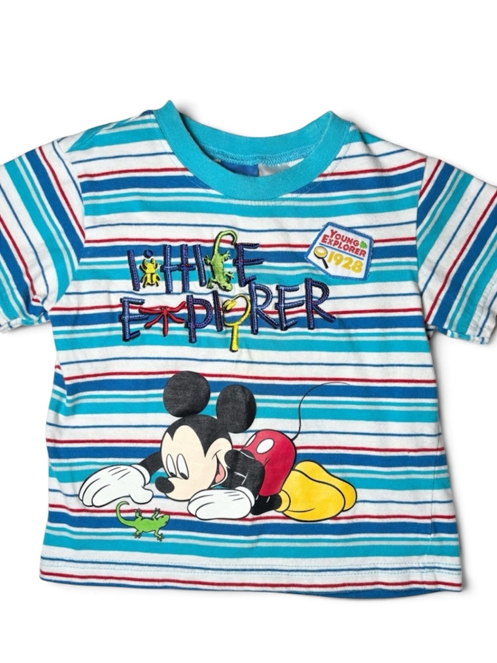 Y2K Vintage Retro Disney Mickey Mouse Striped Blue Graphic Shirt Young Explorer